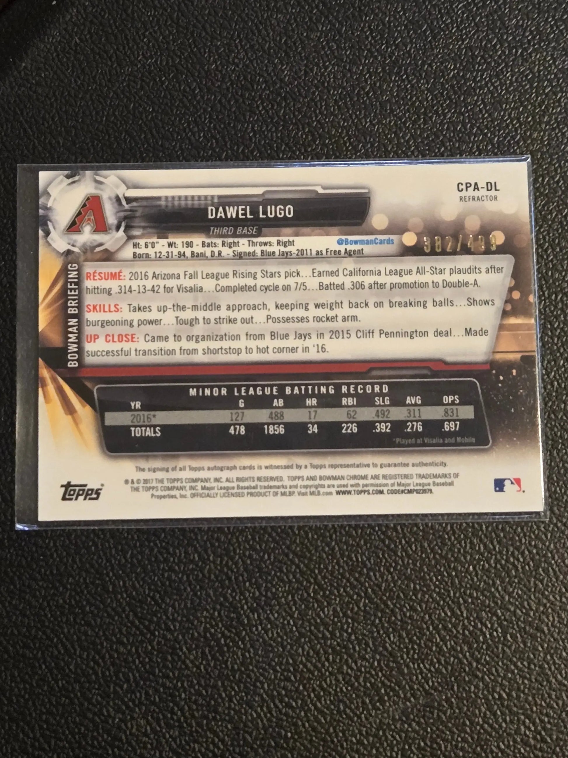 Baseball trading card of Dawel Lugo Prospect Autographs Refractor #/499