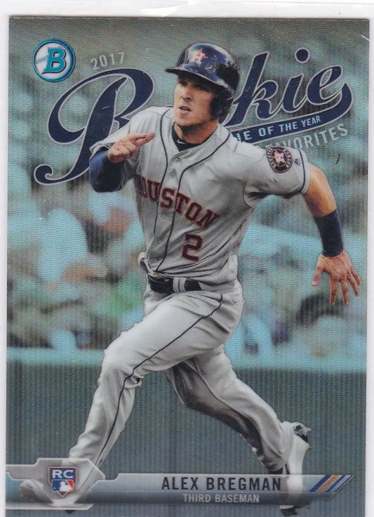 Baseball card of Alex Bregman running bases in gray road uniform, Bowman Chrome RC Houston