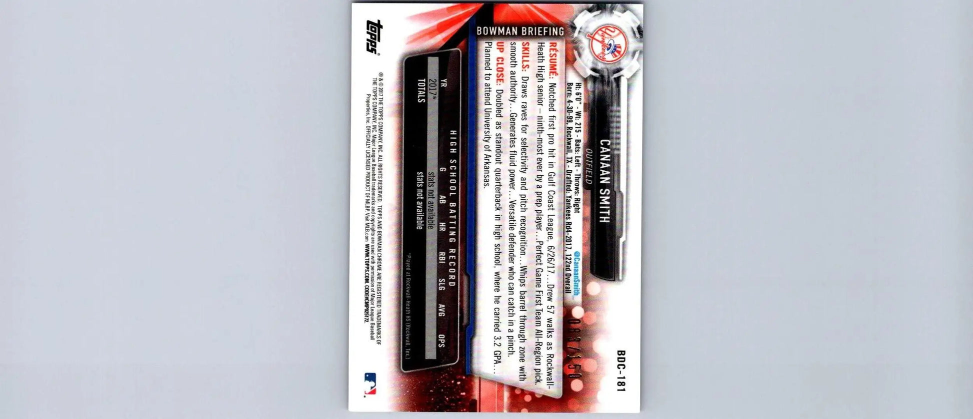 Canaan Smith Chrome Blue Refractor 2017 Bowman Draft baseball card #/150