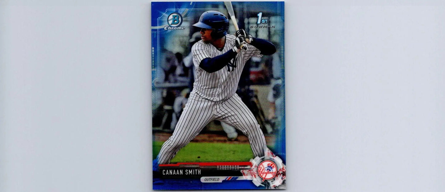 Canaan Smith Chrome Blue Refractor baseball card from 2017 Bowman Draft #/150