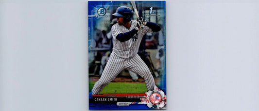 Canaan Smith Chrome Blue Refractor baseball card from 2017 Bowman Draft #/150