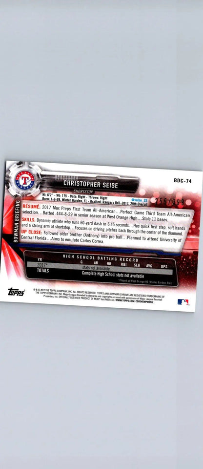 Back of 2017 Bowman Draft Christopher Seise Chrome Sky Blue Refractor baseball card