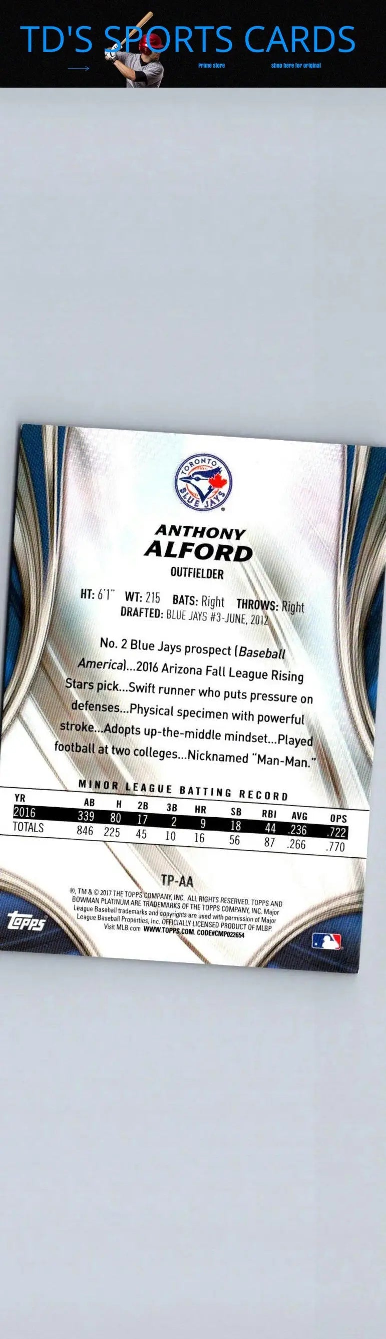 Baseball card of Anthony Alford from Bowman Platinum Prospects Purple series
