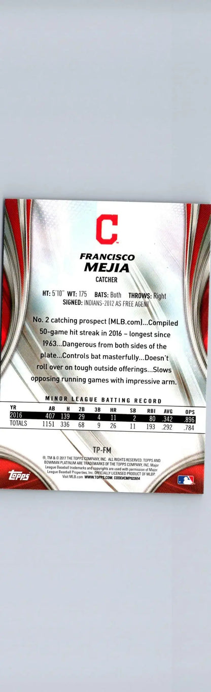 Baseball card back featuring Francisco Mejia Bowman Platinum Top Prospects Ice