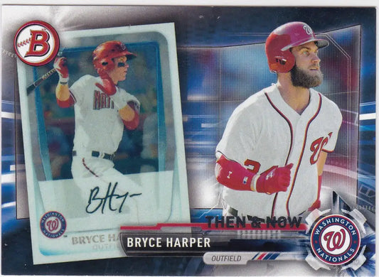 Baseball trading card of Bryce Harper Washington Nationals in two poses and uniforms