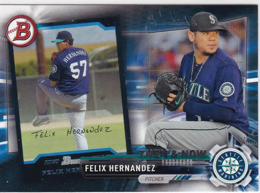 Baseball card of Felix Hernandez Seattle Mariners in two poses from 2017 Bowman