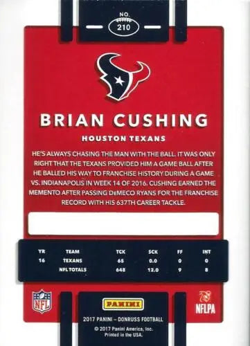 Brian Cushing football card featuring original gloss from 2017 Donruss #210 Simply Sandoval