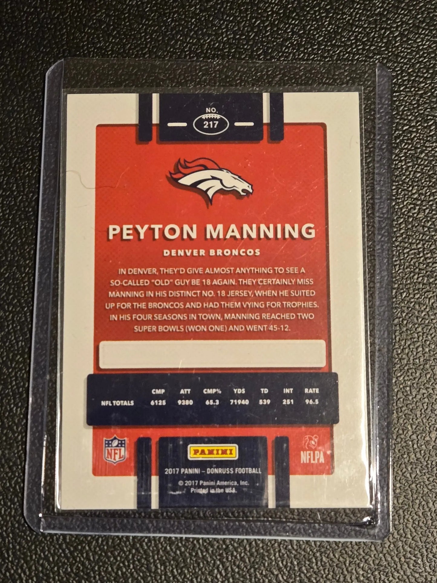 Peyton Manning football card from 2017 Donruss series for sports card collectors