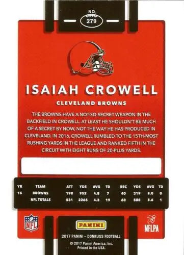 Isaiah Crowell football card 2017 Donruss #279 with original gloss features Browns player