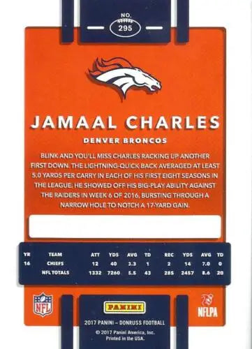 Jamaal Charles 2017 Donruss football card NM-MT with original gloss from Simply Sandoval