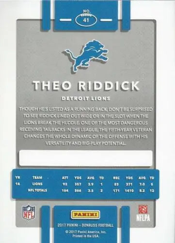 Theo Riddick 2017 Donruss football card with original gloss from NM-MT Lions collection