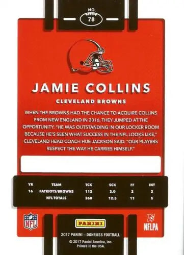 Jamie Collins 2017 Donruss #78 football card with original gloss, Browns collectible
