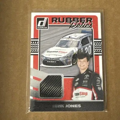NASCAR trading card featuring Erik Jones with rubber relics from 2017 Donruss Eric Jones Rubber Relics