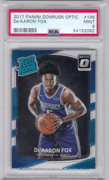 Graded De’Aaron Fox 2017 Panini Donruss Optic basketball card in PSA 9 condition