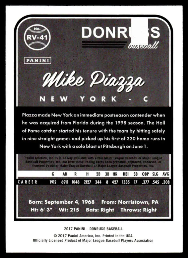 Mike Piazza baseball card showcasing statistics and details from the 2017 Donruss RV-41