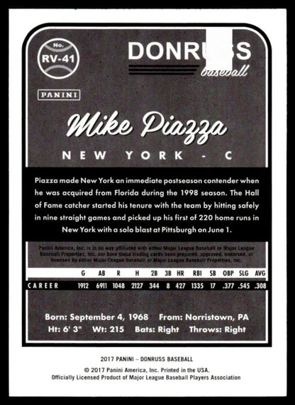 Mike Piazza baseball card showcasing statistics and details from the 2017 Donruss RV-41