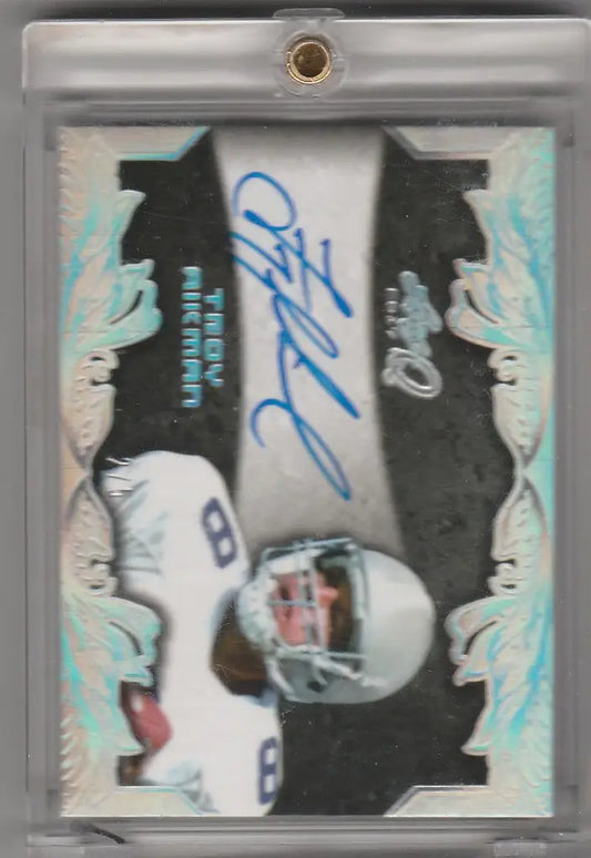 Signed football card auto Troy Aikman in white uniform, number 8, Dallas Cowboys