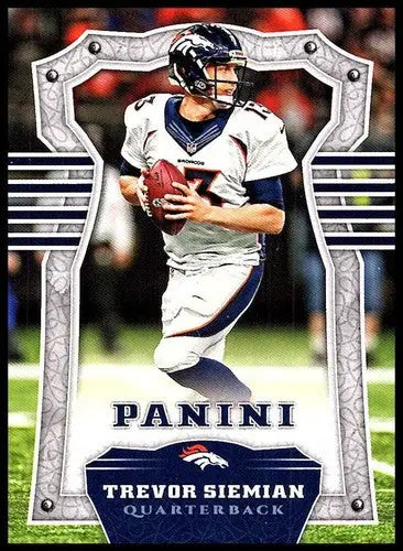 Original gloss Trevor Siemian football card from 2017 Panini Broncos collection displayed