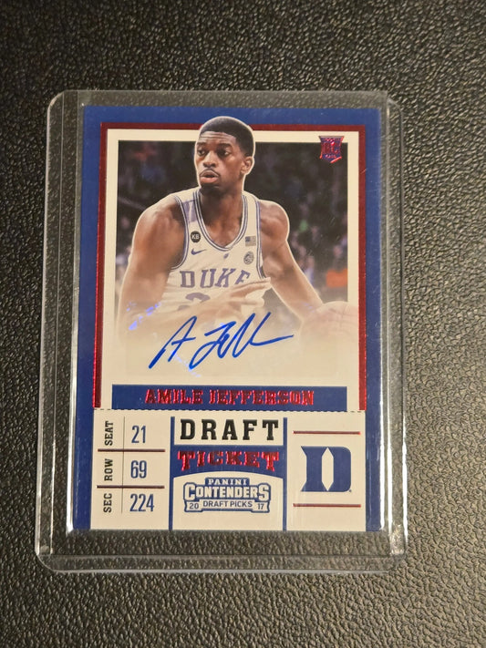 Autographed Amile Jefferson basketball trading card in protective sleeve from Panini Contenders Draft