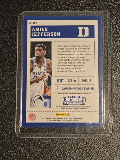 Basketball trading card in protective sleeve featuring Amile Jefferson from Panini Contenders Draft Picks