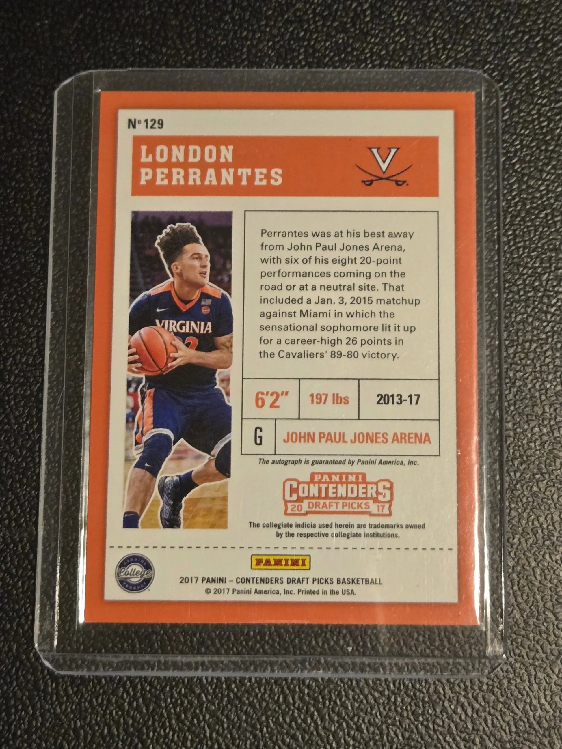 London Perrantes basketball card in protective sleeve from Panini Contenders Draft Picks