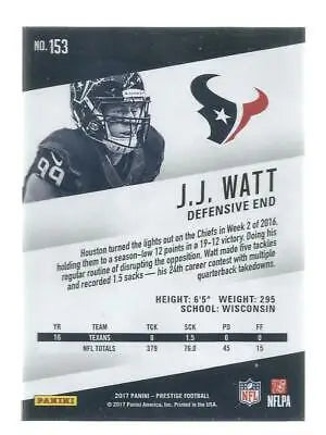 J.J. Watt football card showcasing original gloss from 2017 Panini Prestige NM-MT Texans