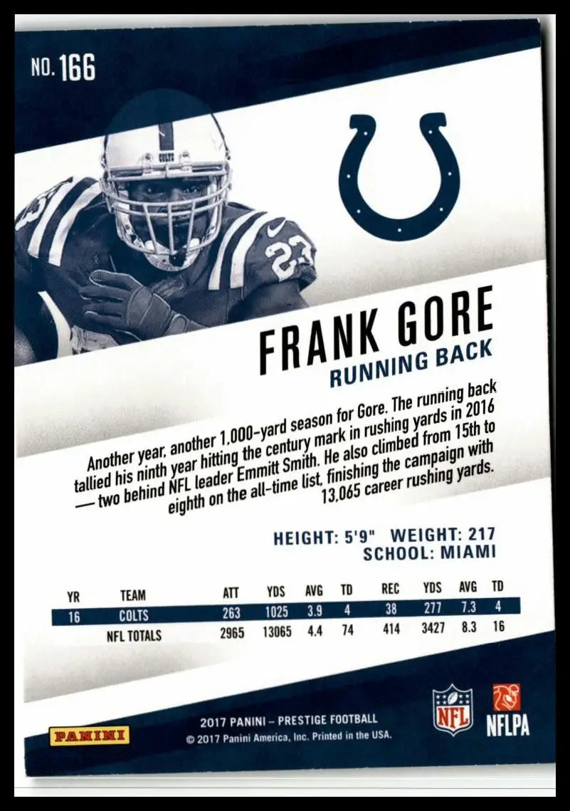 Frank Gore football trading card from 2017 Panini Prestige series