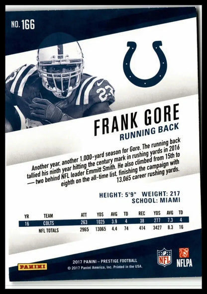 Frank Gore football trading card from 2017 Panini Prestige series