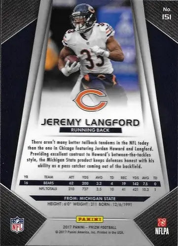 Jeremy Langford football card from Panini Prizm 2017 with original gloss and NM-MT condition