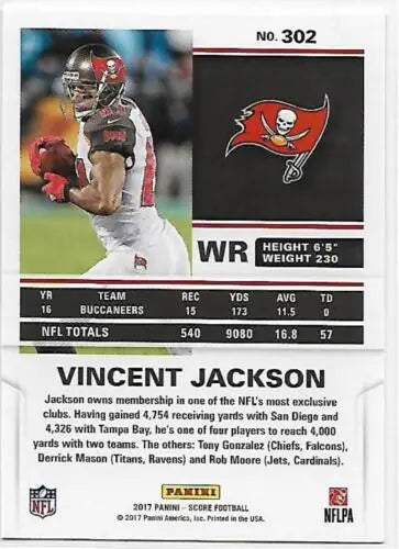Vincent Jackson 2017 Score Red #302 football card with original gloss from Buccaneers