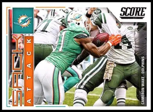 Football trading card featuring 2017 Score Sack Attack #7 Cameron Wake NM-MT Dolphins