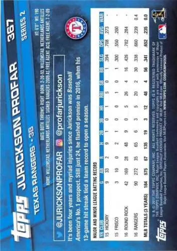 Baseball card back of 2017 Topps #367 Jurickson Profar with original gloss finish