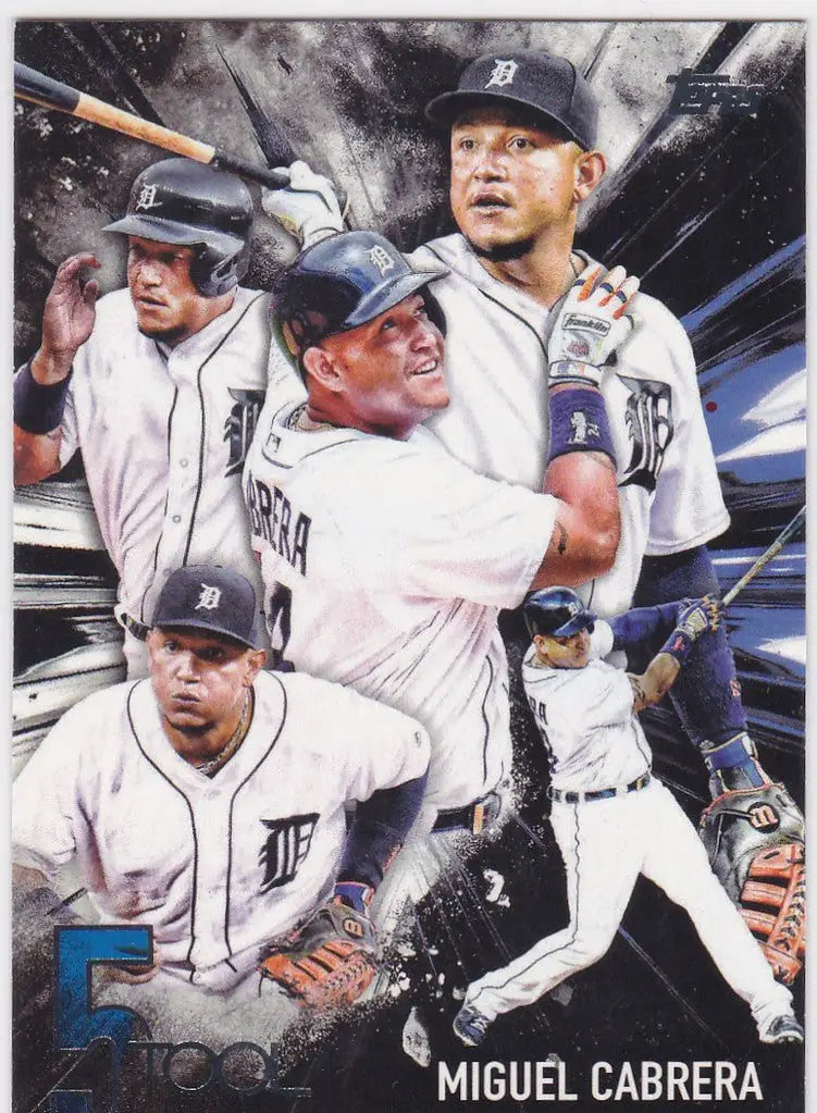 Baseball card of Miguel Cabrera showing action poses for Detroit Tigers 2017 Topps