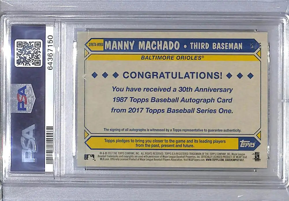 2017 Topps ’87 Topps 30th Anniversary #1987A-MMA Manny Machado PSA 10 GEM MINT Auto 5/5 Baltimore Orioles
