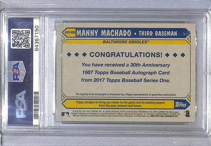 2017 Topps ’87 Topps 30th Anniversary #1987A-MMA Manny Machado PSA 10 GEM MINT Auto 5/5 Baltimore Orioles