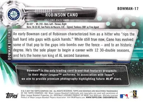 Robinson Cano baseball card back with original gloss from 2017 Topps Bowman Then and Now