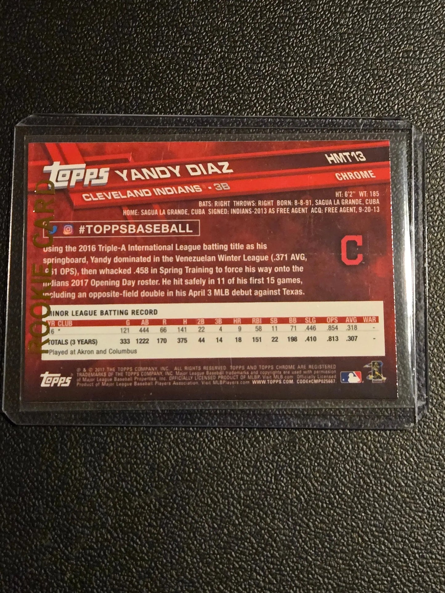 Baseball trading card of Yandy Diaz from 2017 Topps Chrome Update HMT13 Yandy Diaz series