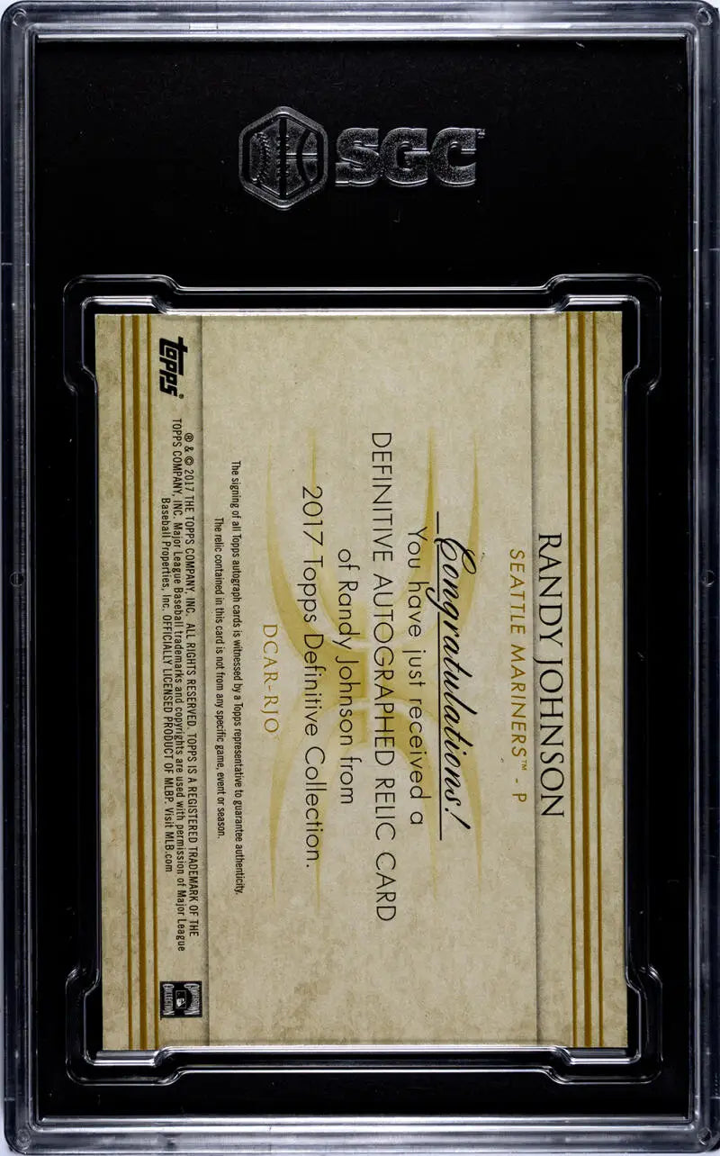 Graded 2017 Topps Definitive Relic Randy Johnson card in protective case, Seattle Mariners