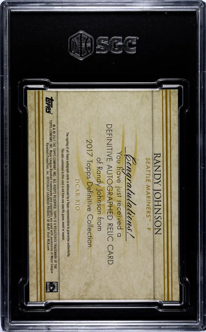 Graded 2017 Topps Definitive Relic Randy Johnson card in protective case, Seattle Mariners