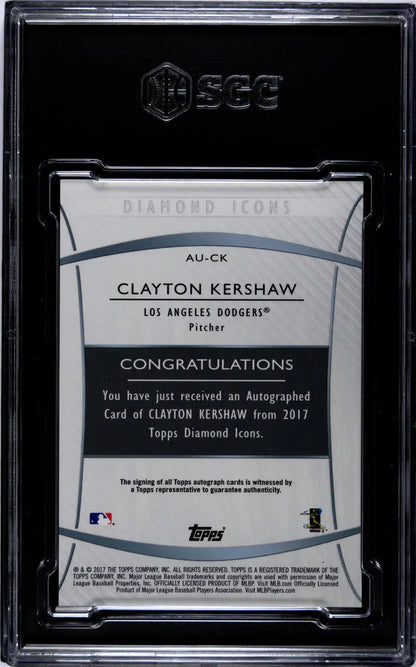 Clayton Kershaw baseball card in protective case with congratulatory message