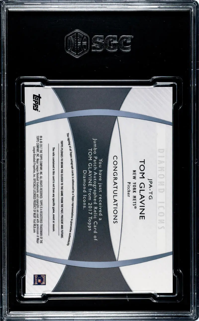 Back side of Tom Glavine New York Mets Baseball Card in protective case with design elements