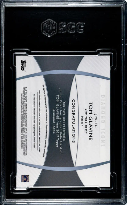 Back side of Tom Glavine New York Mets Baseball Card in protective case with design elements