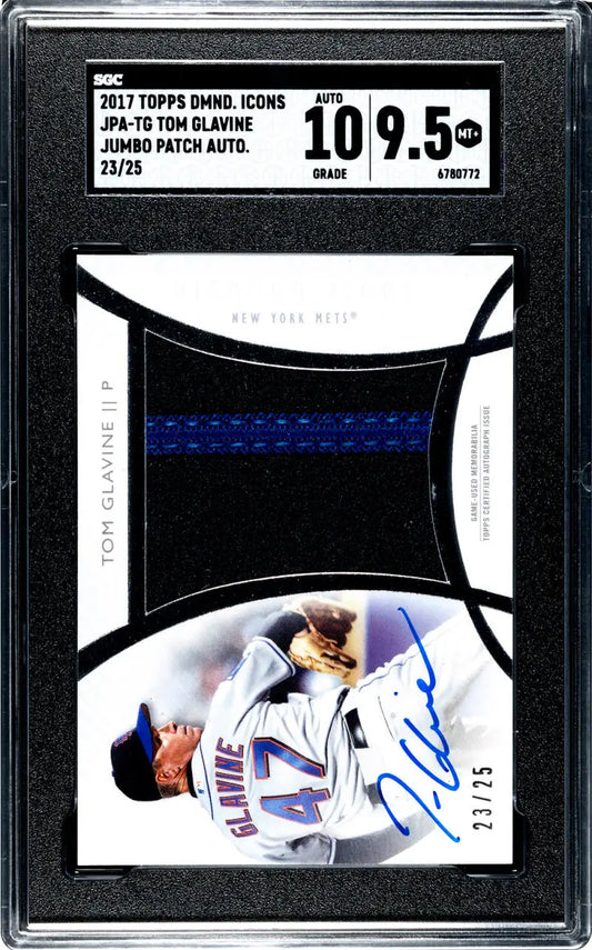 Graded baseball card featuring Tom Glavine with blue autograph and jersey patch