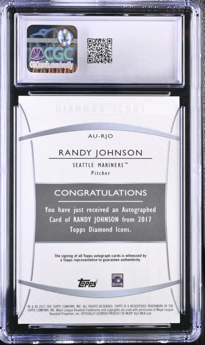 Back side of 2017 Topps Diamond Icons Purple Randy Johnson card with QR code and authentication