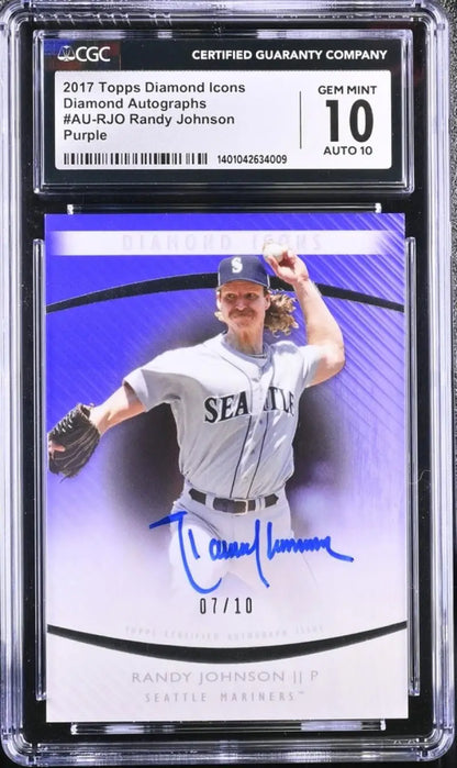 Graded 2015 Topps Diamond Icons Purple Randy Johnson card 07/10 in protective case