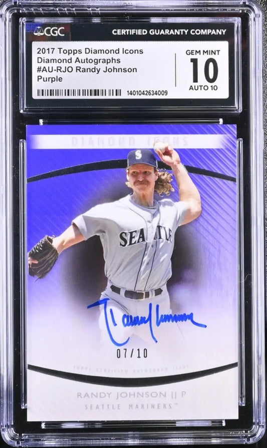 Graded 2015 Topps Diamond Icons Purple Randy Johnson card 07/10 in protective case