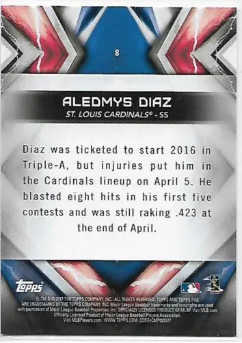 Back of 2017 Topps Fire Blue Chip #8 Aledmys Diaz baseball card with original gloss