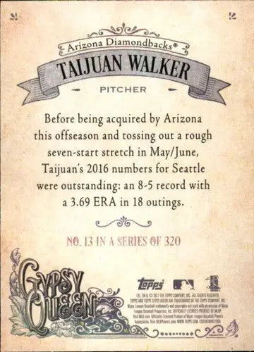 Taijuan Walker baseball card from 2017 Topps Gypsy Queen series featuring Diamondbacks