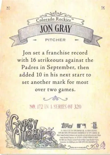 2017 Topps Gypsy Queen #172 Jon Gray baseball card with original gloss features Rockies player