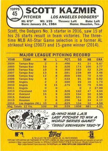 2017 Topps Heritage #45 Scott Kazmir NM-MT Dodgers - Trading Cards